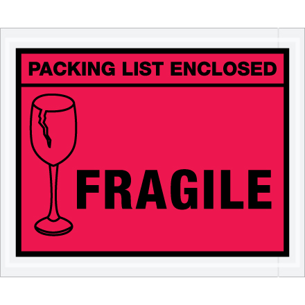 4 <span class='fraction'>1/2</span> x 5 <span class='fraction'>1/2</span>" Red "Packing List Enclosed - Fragile" Envelopes